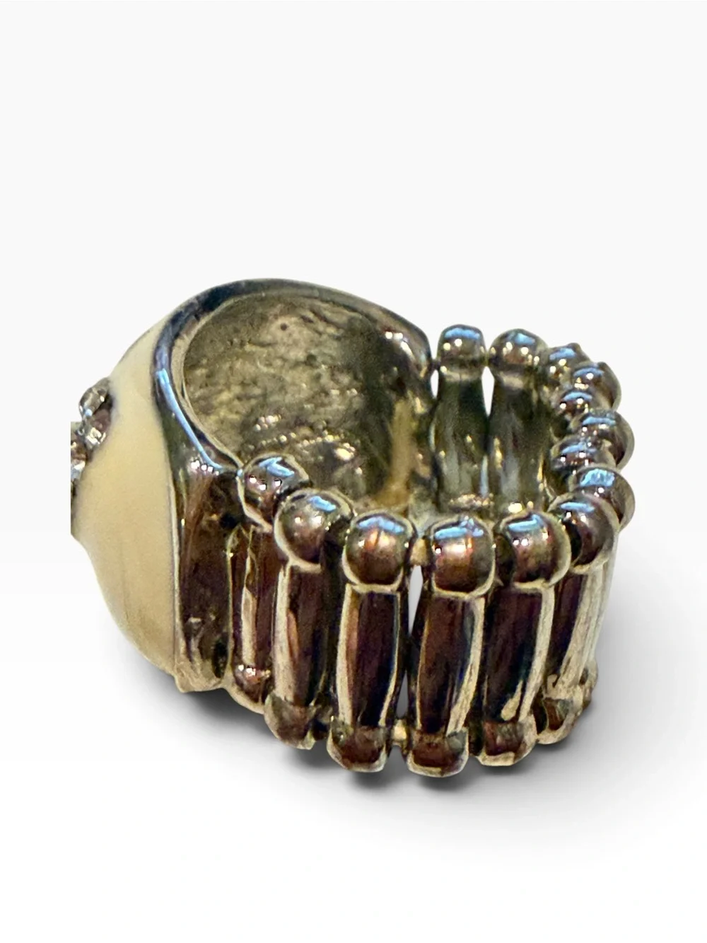 Butterfly Stretch Ring Size 8 Ivory Enamel Rhinestone Silver Tone Statement
